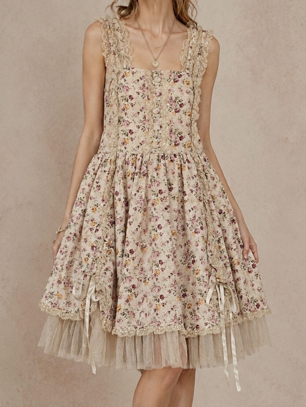 Hell Bunny Floral Lace Trim Babydoll Square Neck Sleeveless Dress in Cream L